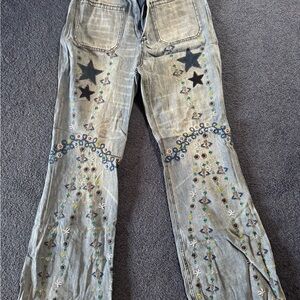 Free People Embroidered Gray Flare Jeans with Star Accents